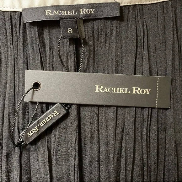 RACHEL ROY NEW WRAP DRESS BLACK CREAM MICRO PLEAT V-NECK 3/4 SLEEVE MIDI 8 NWT